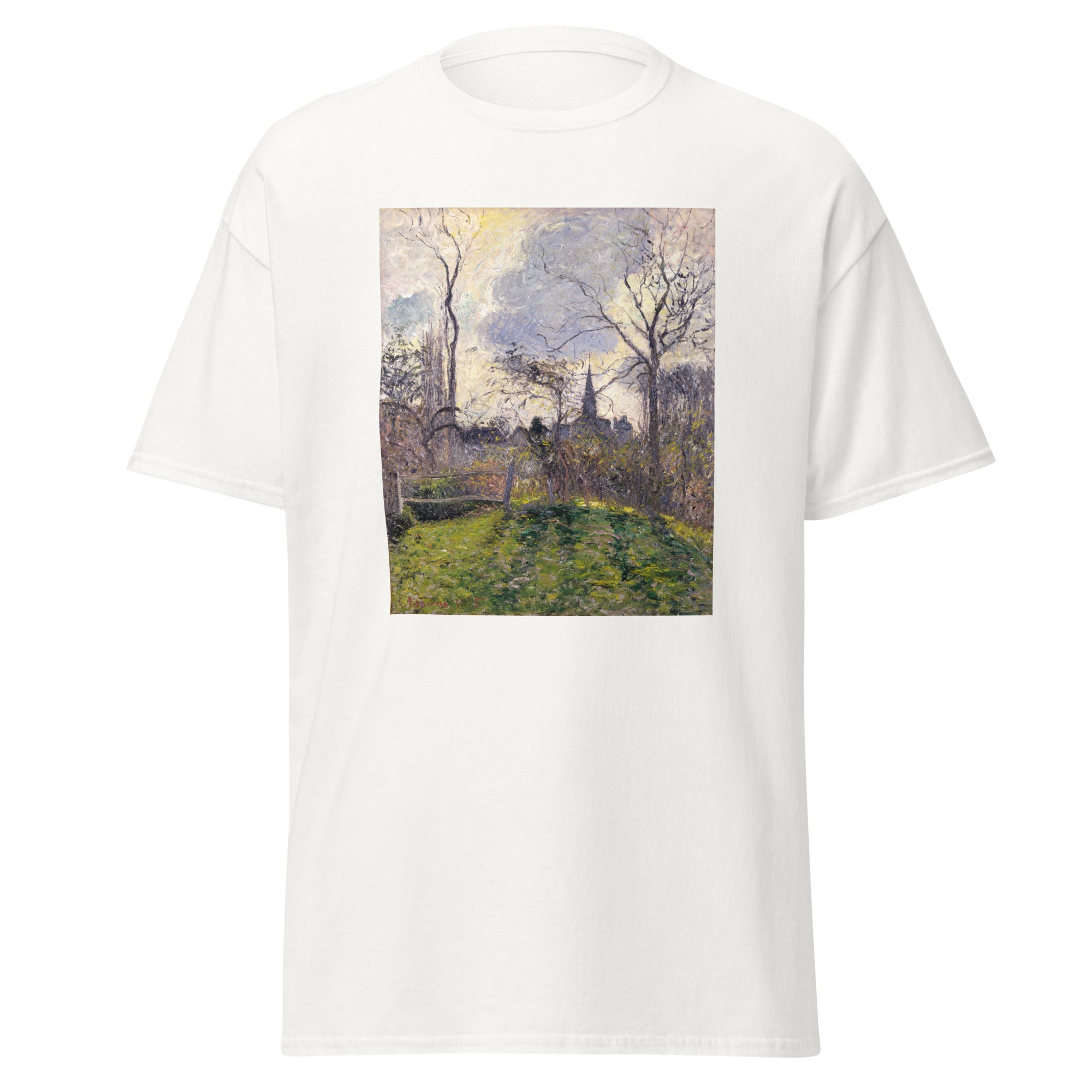 Unisex black t-shirt featuring Camille Pissarro painting "Bazincourt" printed across the front