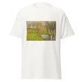 Unisex black t-shirt featuring Camille Pissarro painting "Bords De Lepte" printed across the front