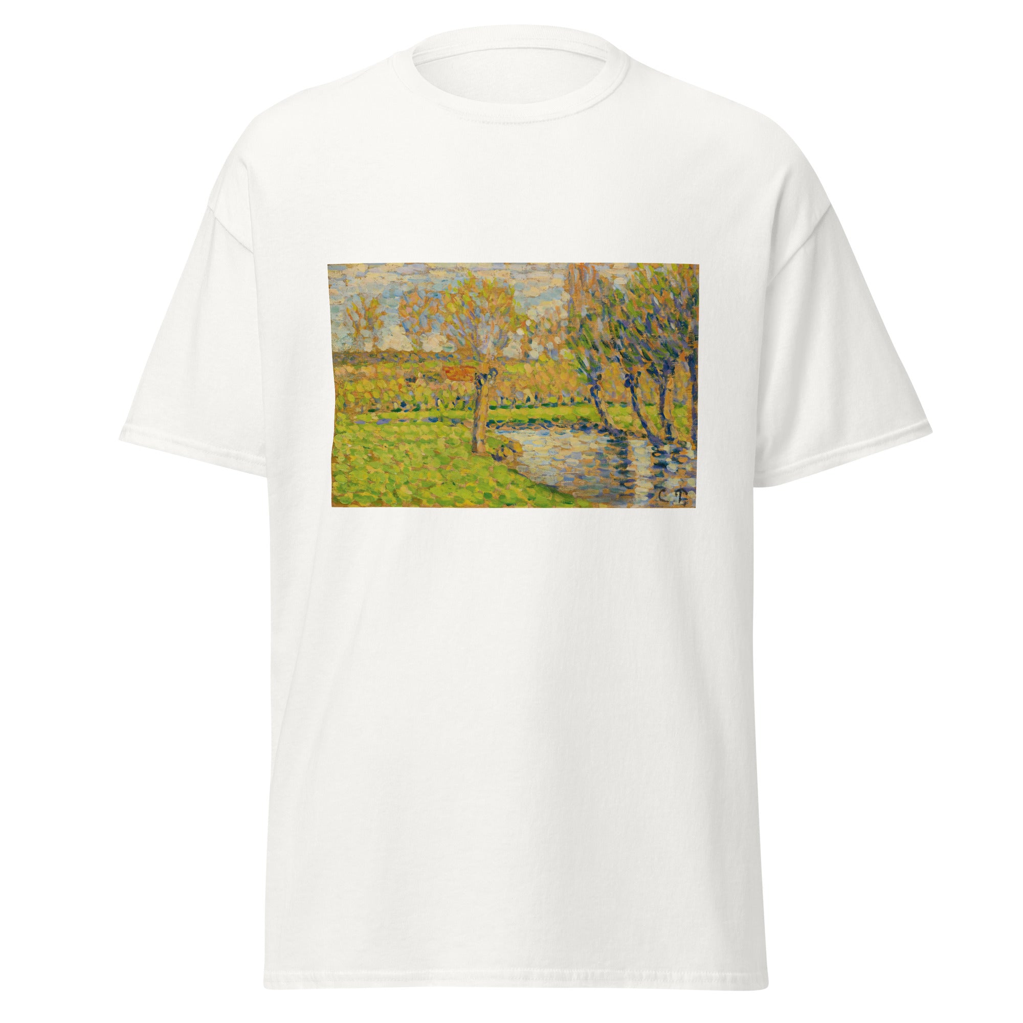 Unisex black t-shirt featuring Camille Pissarro painting "Bords De Lepte" printed across the front