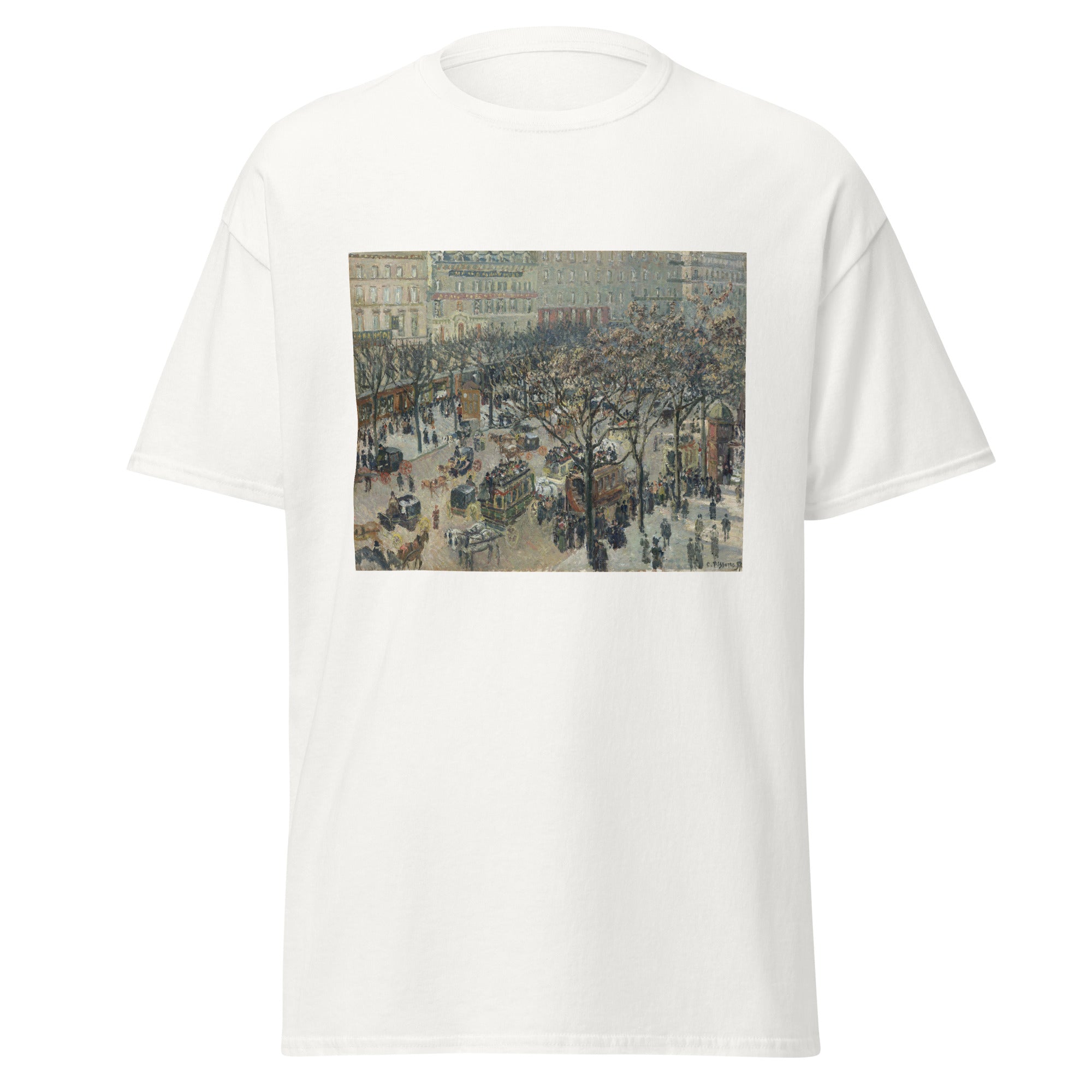 Unisex black t-shirt featuring Camille Pissarro painting "Boulevard De Italiennes" printed across the front