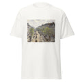 Unisex black t-shirt featuring Camille Pissarro painting "Boulevard Montmartre" printed across the front