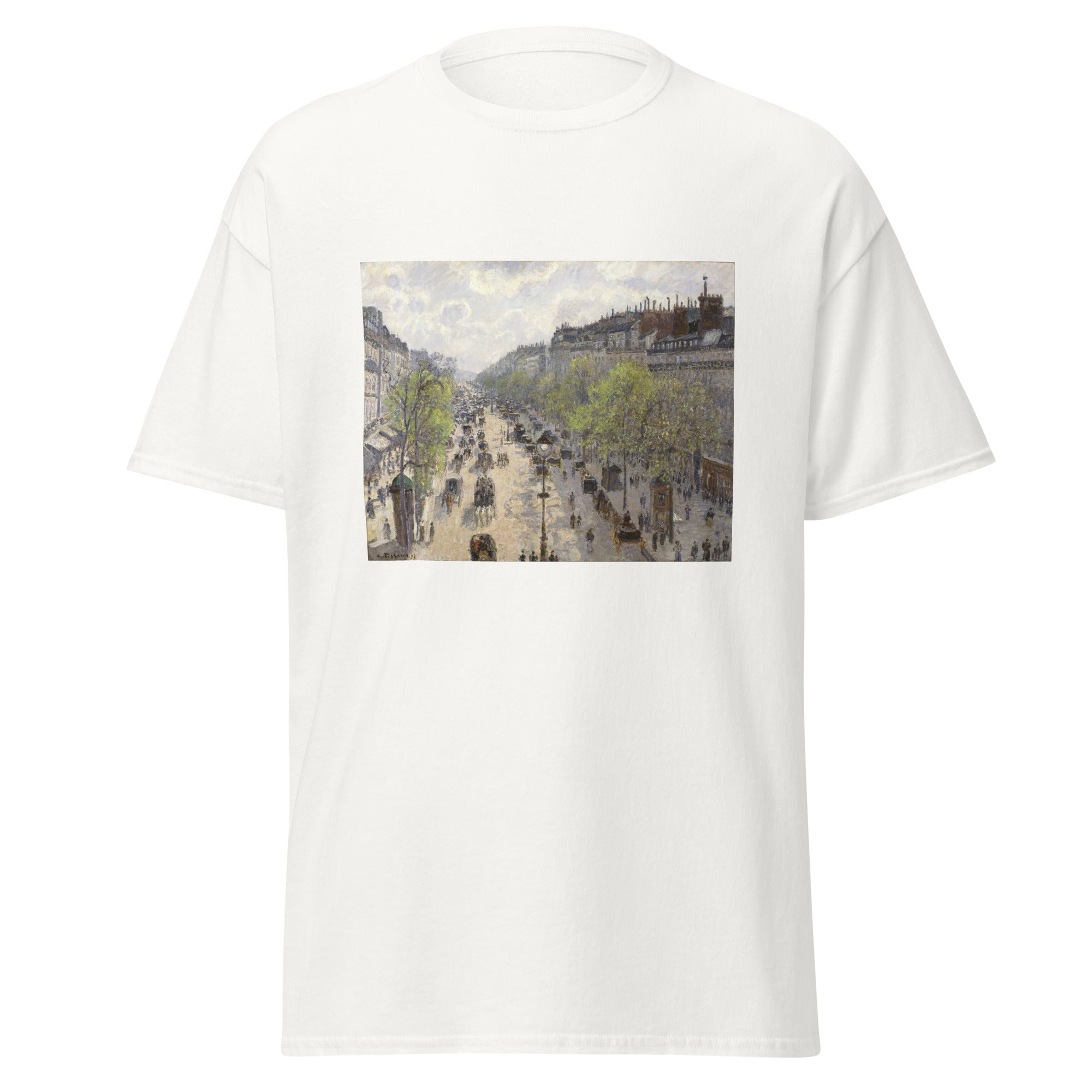 Unisex black t-shirt featuring Camille Pissarro painting "Boulevard Montmartre" printed across the front