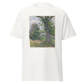 Unisex black t-shirt featuring Camille Pissarro painting "Chestnut Trees" printed across the front