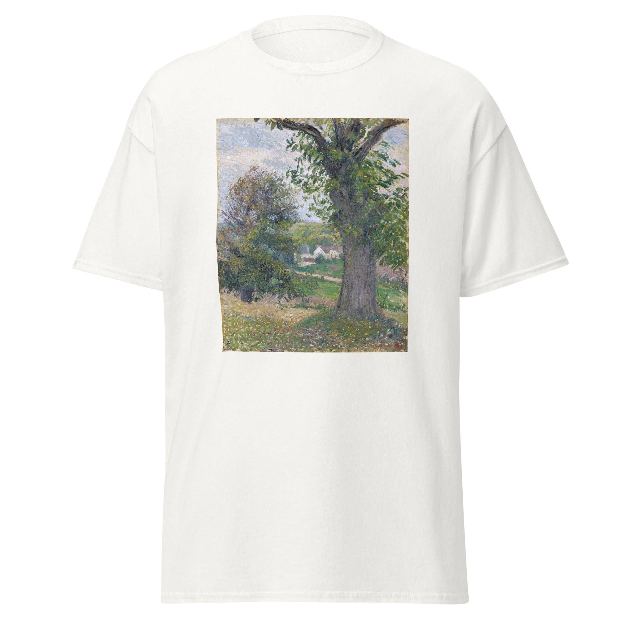 Unisex black t-shirt featuring Camille Pissarro painting "Chestnut Trees" printed across the front