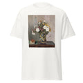 Unisex black t-shirt featuring Camille Pissarro painting "Chrysanthemums" printed across the front
