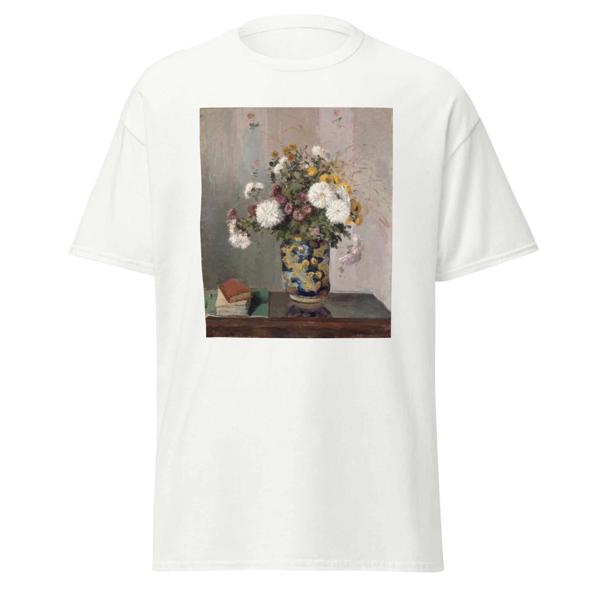 Unisex black t-shirt featuring Camille Pissarro painting "Chrysanthemums" printed across the front