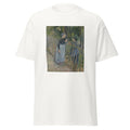 Unisex black t-shirt featuring Camille Pissarro painting "Conversation" printed across the front