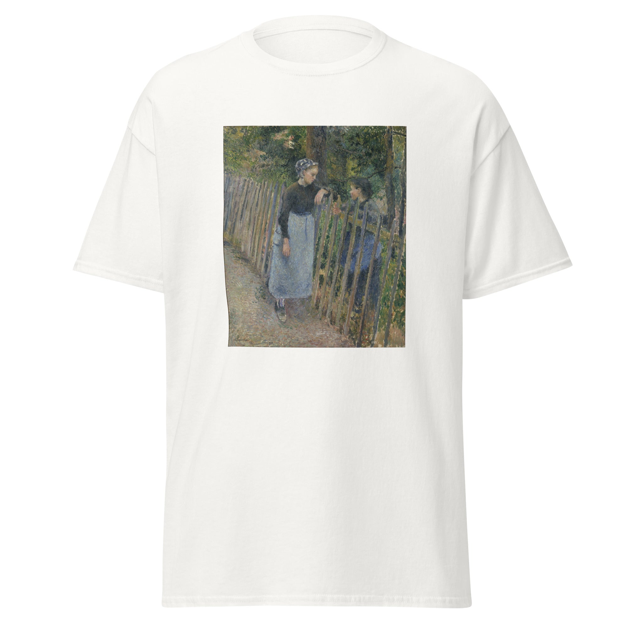 Unisex black t-shirt featuring Camille Pissarro painting "Conversation" printed across the front