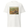 Unisex black t-shirt featuring Camille Pissarro painting "Dosny" printed across the front