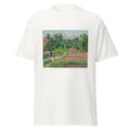 Unisex black t-shirt featuring Camille Pissarro painting "Delafolie" printed across the front