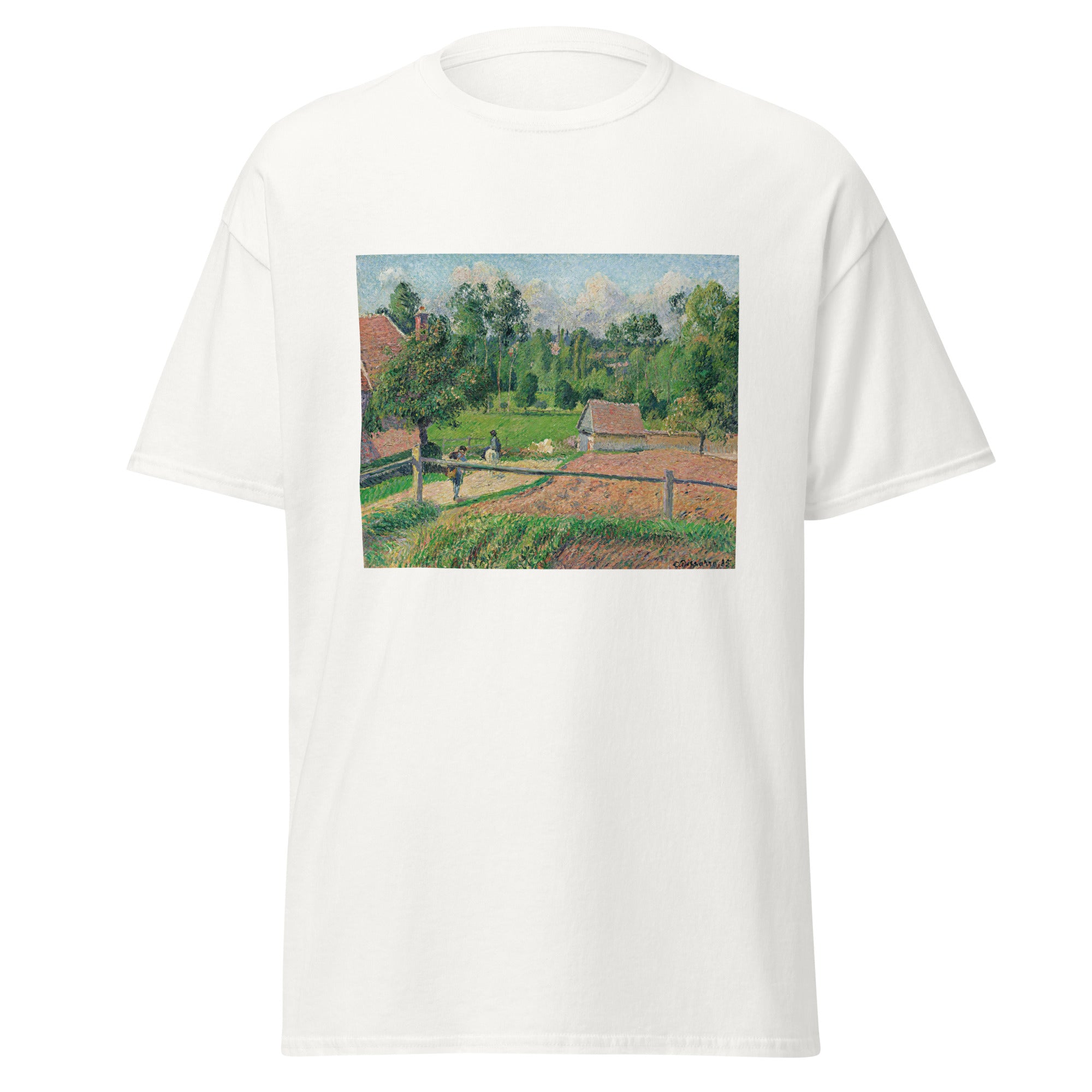 Unisex black t-shirt featuring Camille Pissarro painting "Delafolie" printed across the front