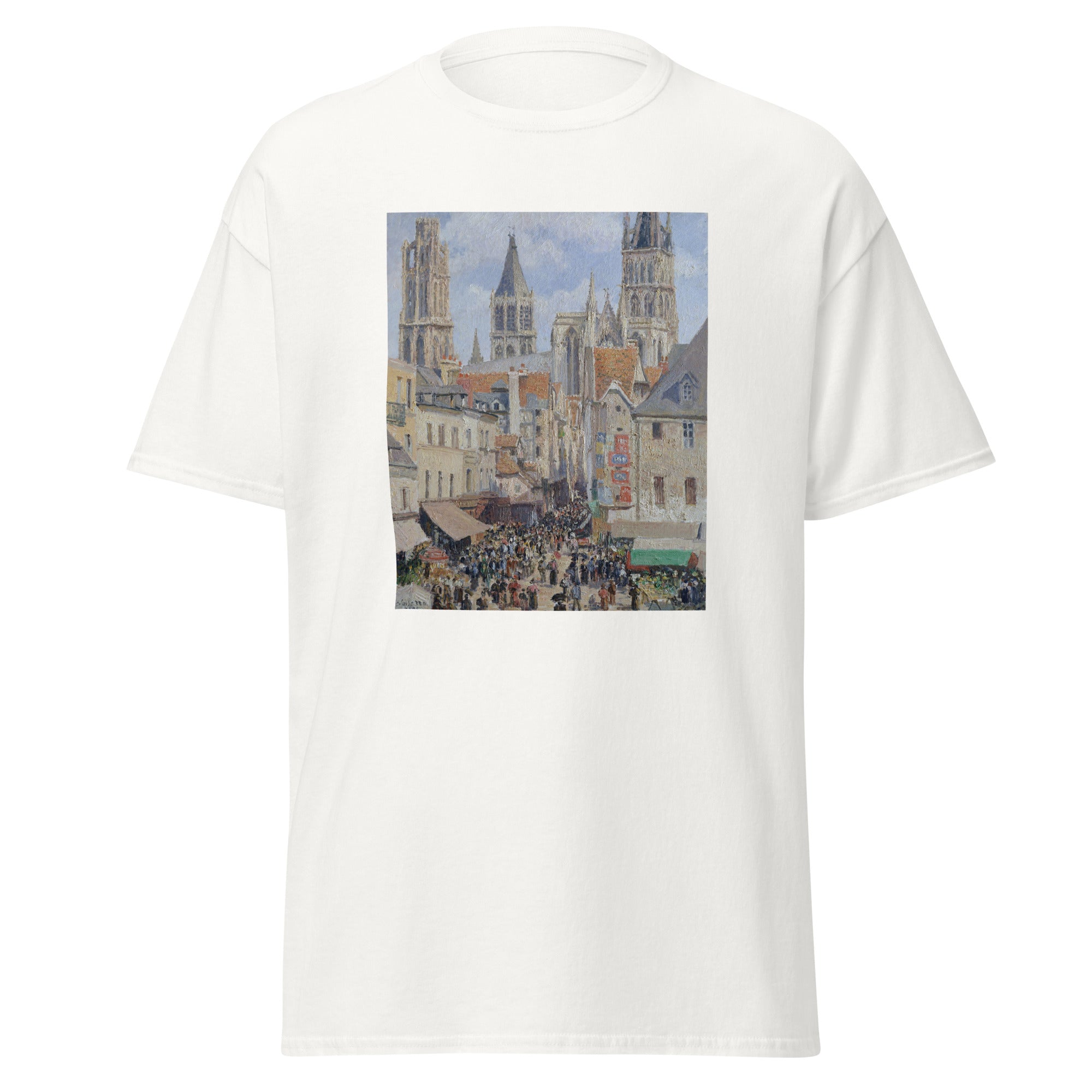 Unisex black t-shirt featuring Camille Pissarro painting "Effect of Sunlight" printed across the front