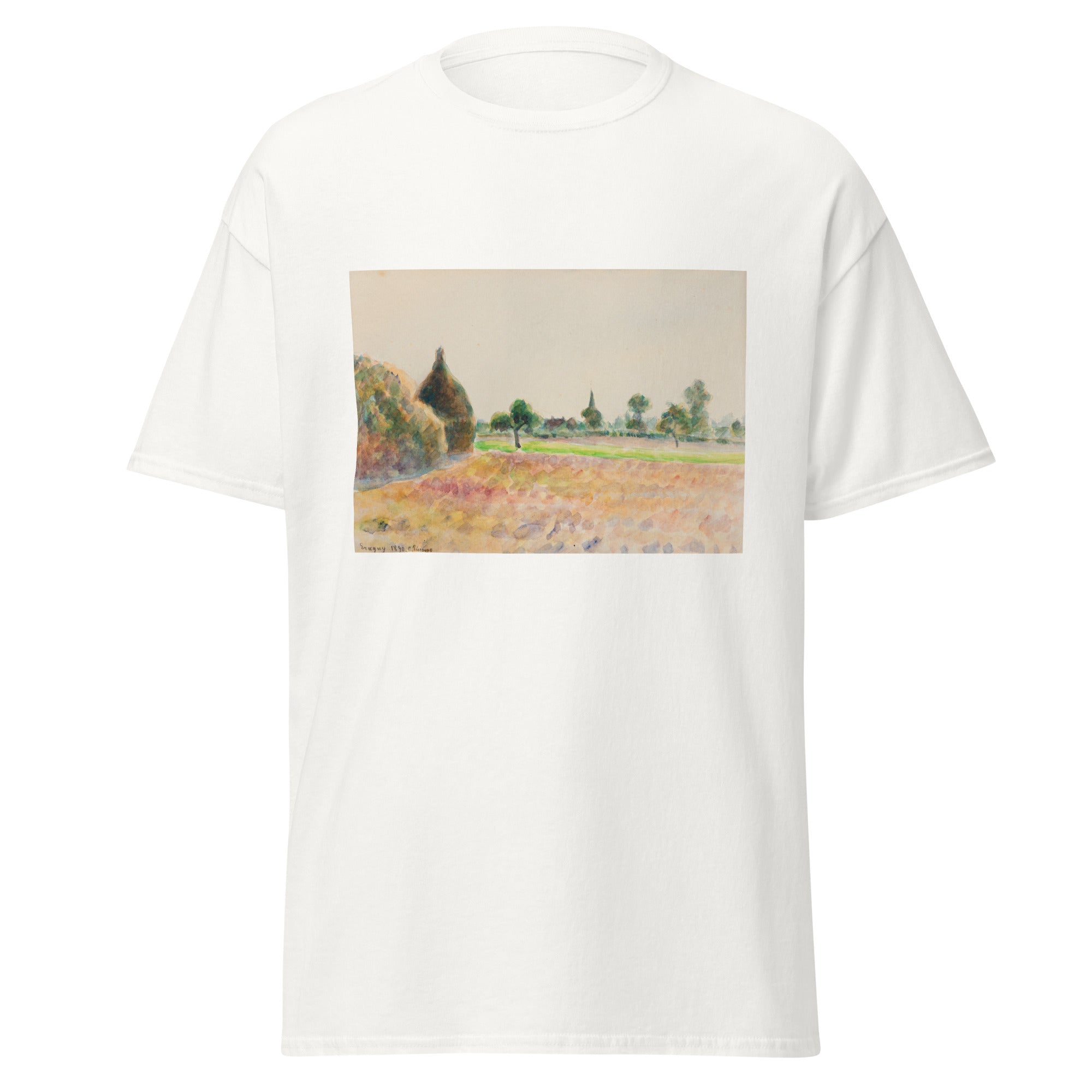 Unisex black t-shirt featuring Camille Pissarro painting "Eragny 1890" printed across the front