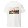 Unisex black t-shirt featuring Camille Pissarro painting "Factory Pontoise" printed across the front