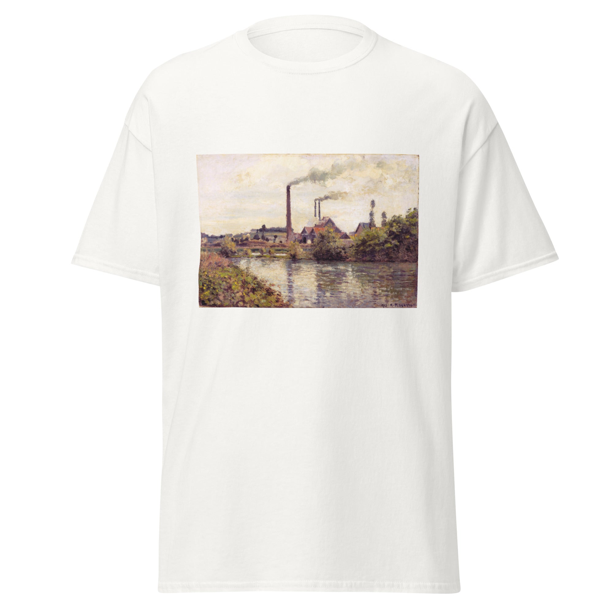 Unisex black t-shirt featuring Camille Pissarro painting "Factory Pontoise" printed across the front