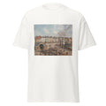 Unisex black t-shirt featuring Camille Pissarro painting "Fishmarket" printed across the front