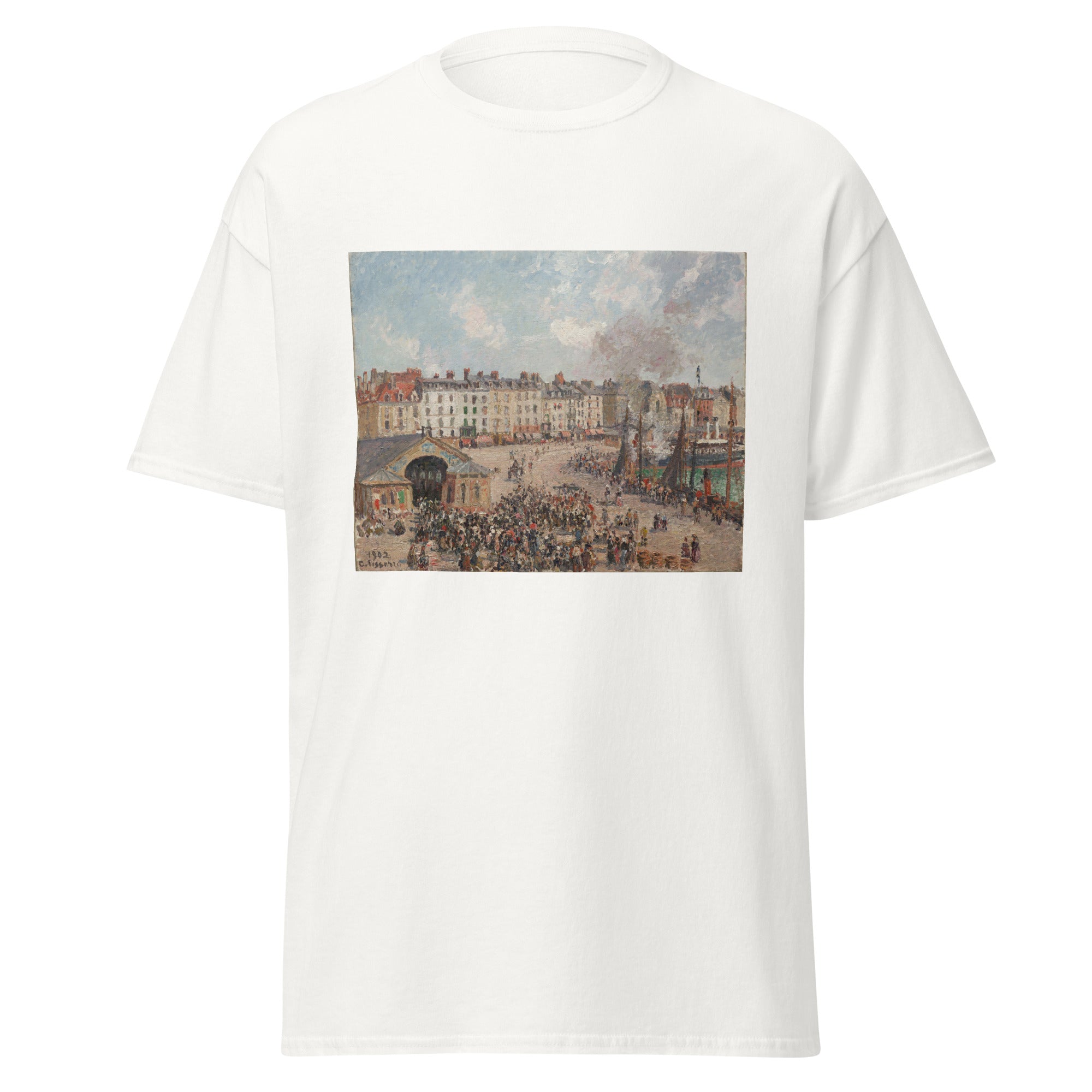Unisex black t-shirt featuring Camille Pissarro painting "Fishmarket" printed across the front