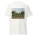 Unisex black t-shirt featuring Camille Pissarro painting "Garden Eragny" printed across the front