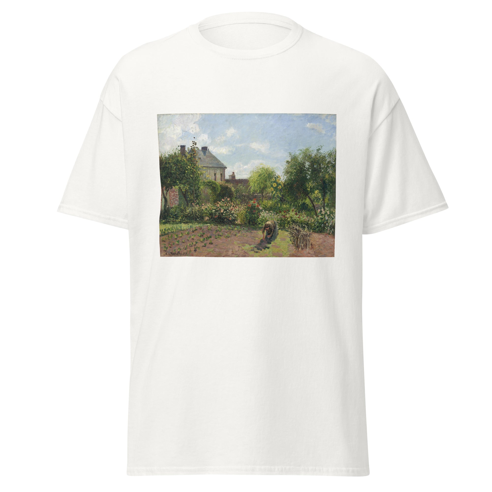 Unisex black t-shirt featuring Camille Pissarro painting "Garden Eragny" printed across the front