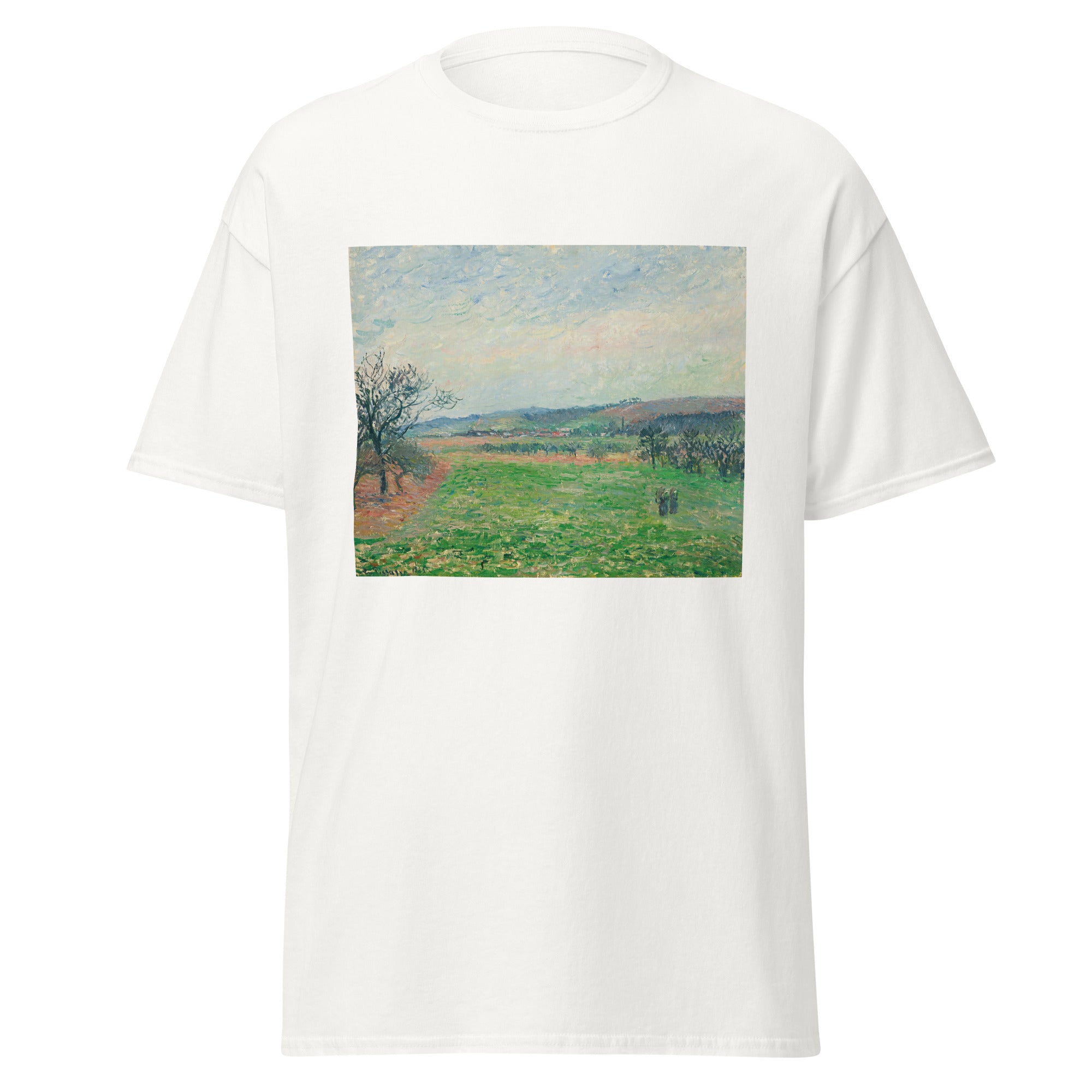 Unisex black t-shirt featuring Camille Pissarro painting "Gisors" printed across the front