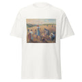 Unisex black t-shirt featuring Camille Pissarro painting "Gleaners" printed across the front