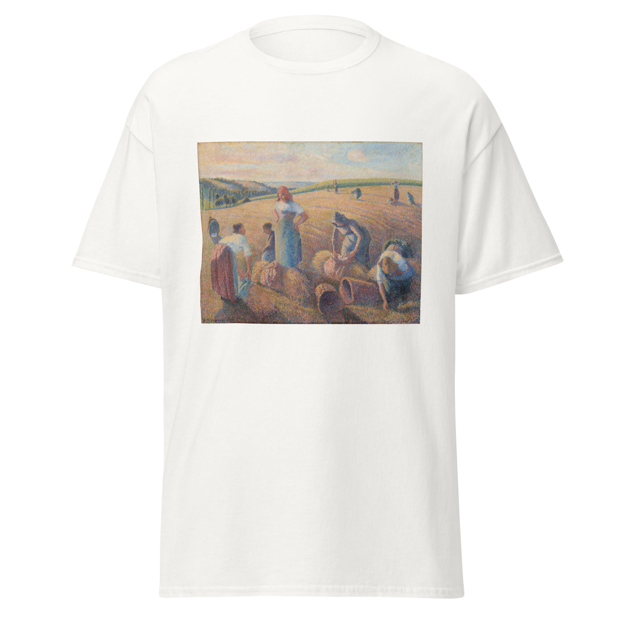 Unisex black t-shirt featuring Camille Pissarro painting "Gleaners" printed across the front