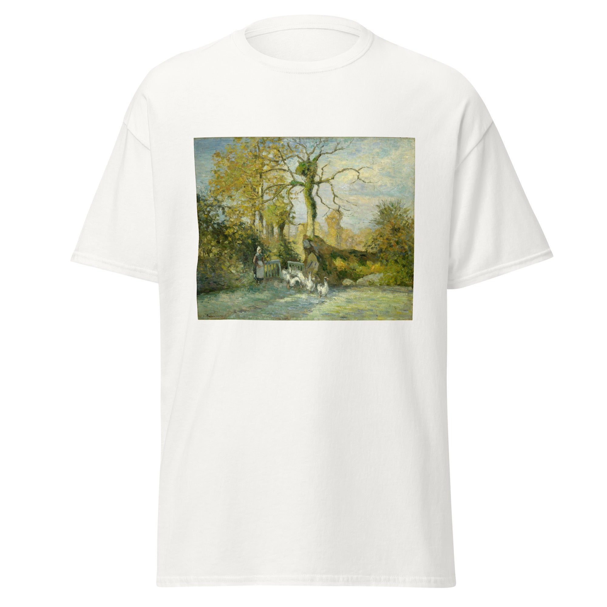 Unisex black t-shirt featuring Camille Pissarro painting "Goose Girl" printed across the front