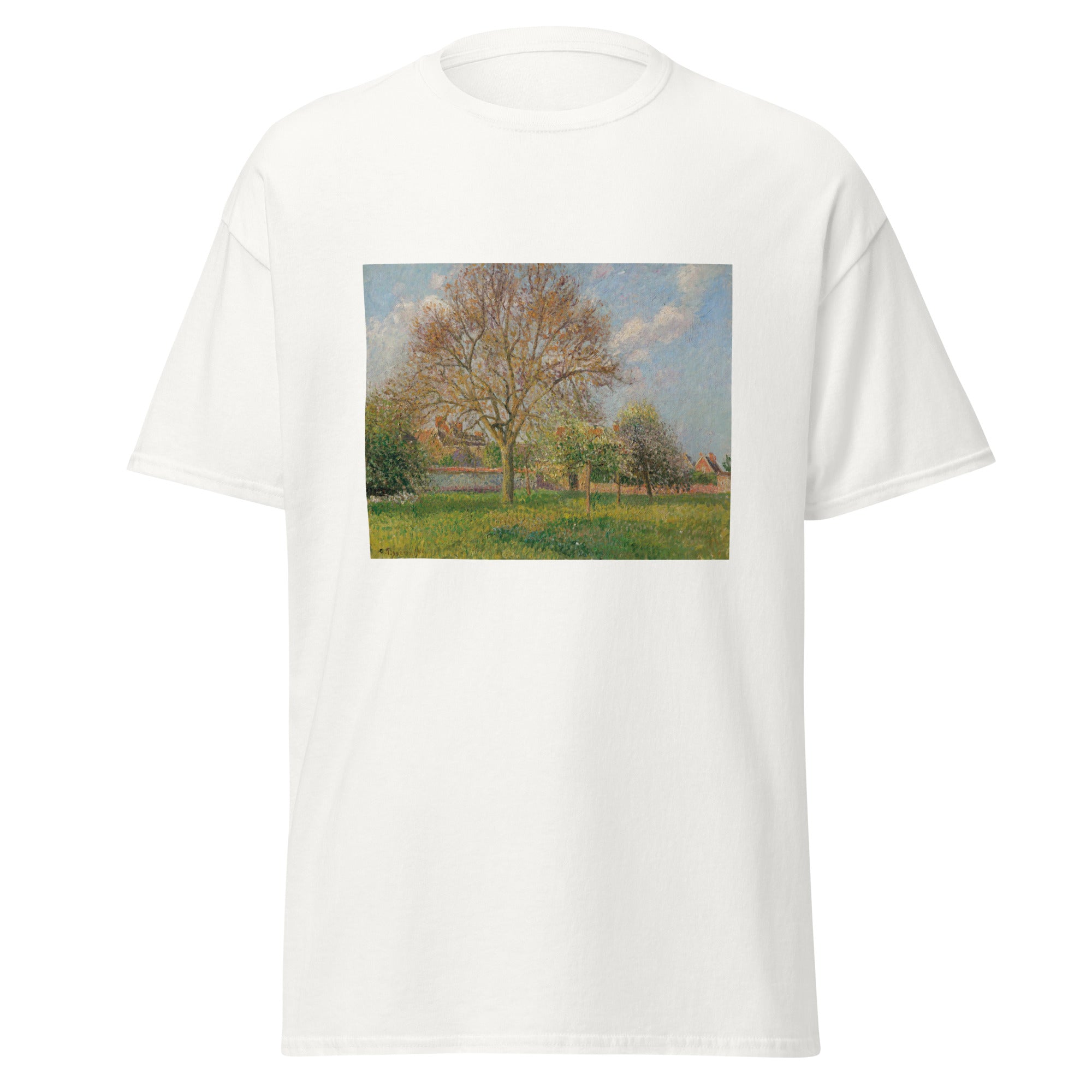 Unisex black t-shirt featuring Camille Pissarro painting "Grand Noyer" printed across the front