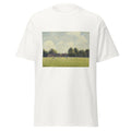 Unisex black t-shirt featuring Camille Pissarro painting "Hampton Court Green" printed across the front