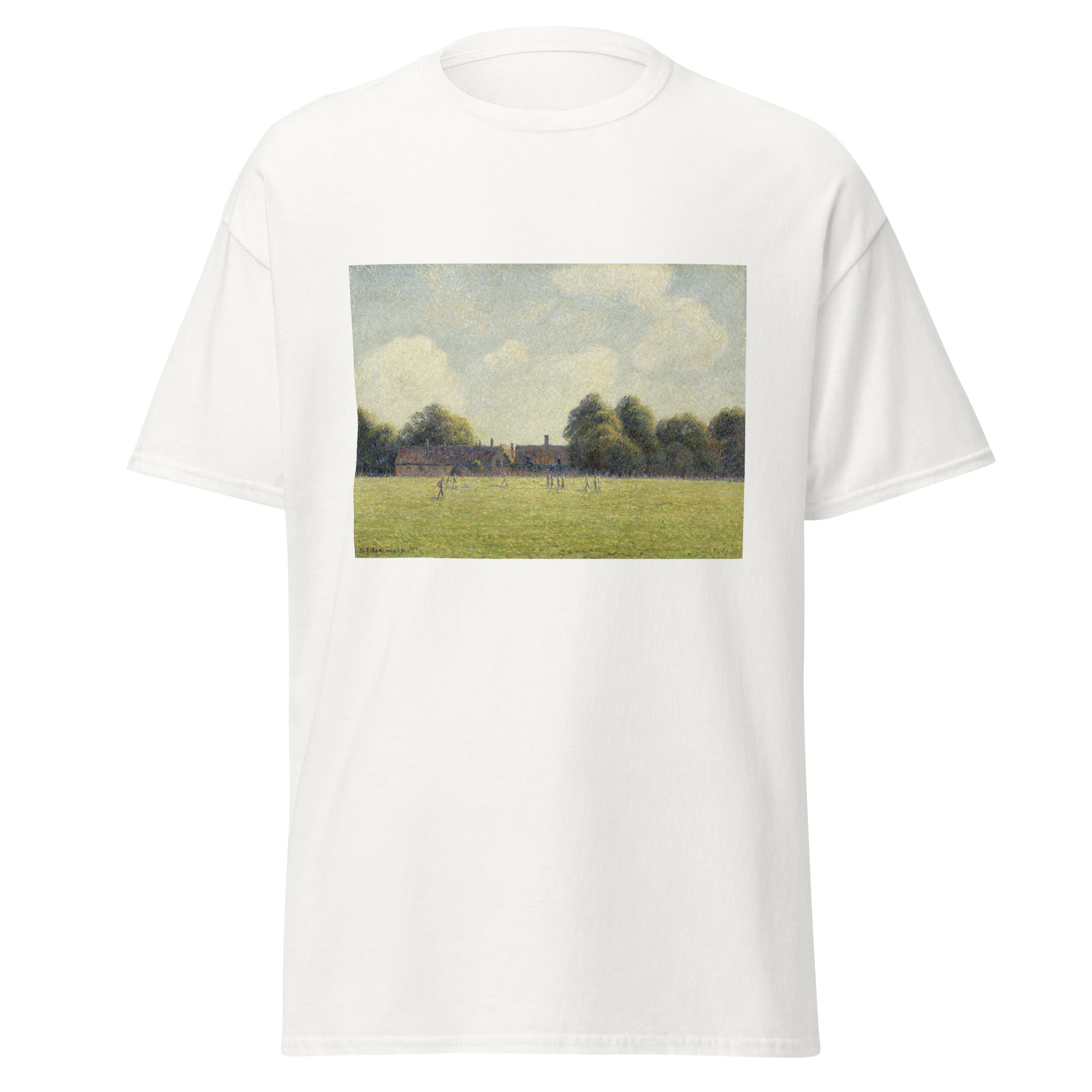Unisex black t-shirt featuring Camille Pissarro painting "Hampton Court Green" printed across the front