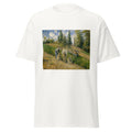 Unisex black t-shirt featuring Camille Pissarro painting "Harvest 2" printed across the front