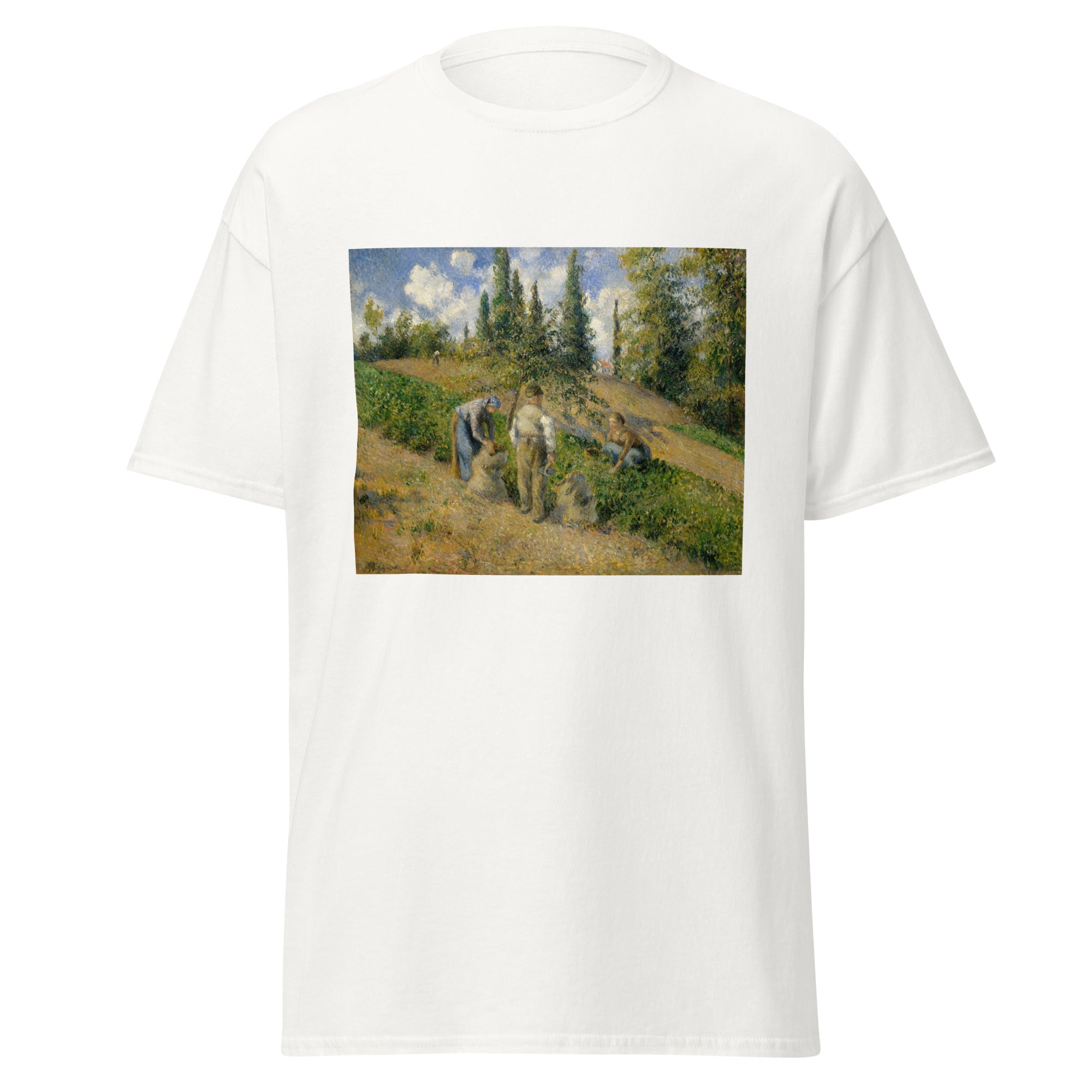 Unisex black t-shirt featuring Camille Pissarro painting "Harvest 2" printed across the front