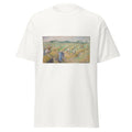 Unisex black t-shirt featuring Camille Pissarro painting "Harvest" printed across the front