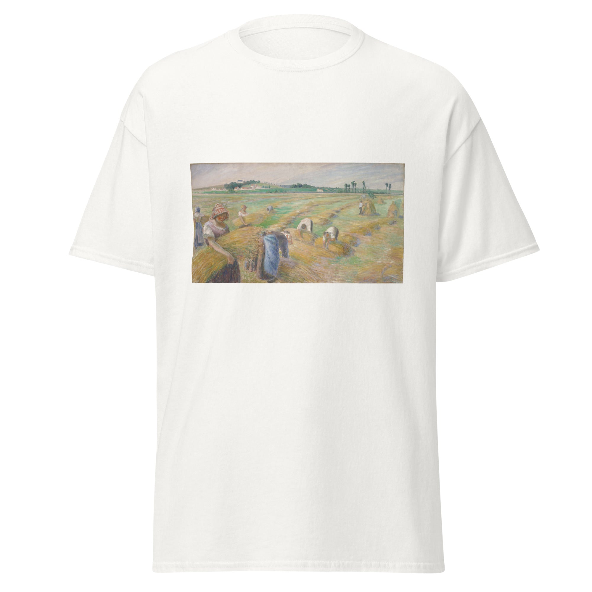 Unisex black t-shirt featuring Camille Pissarro painting "Harvest" printed across the front