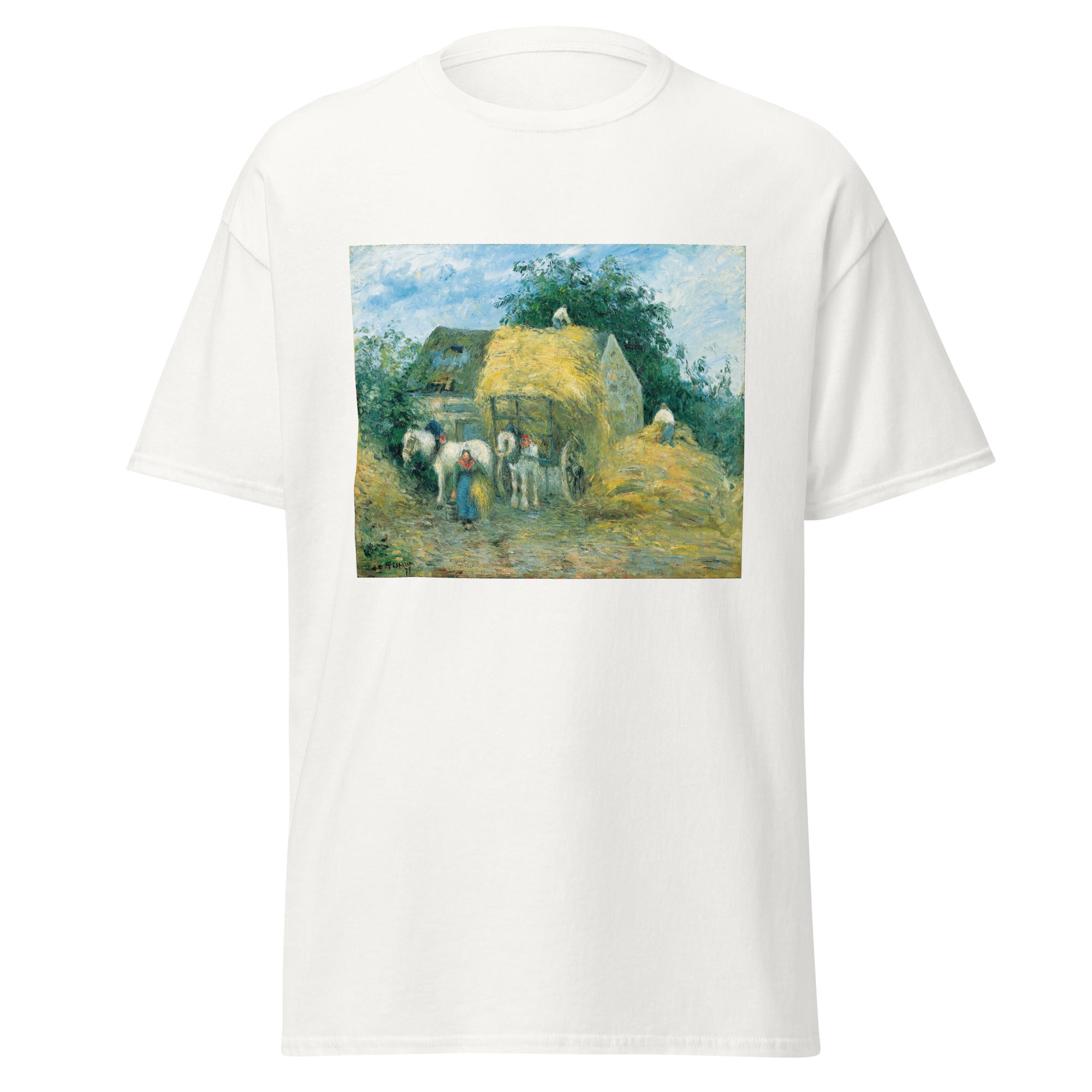 Unisex black t-shirt featuring Camille Pissarro painting "Hay Cart" printed across the front