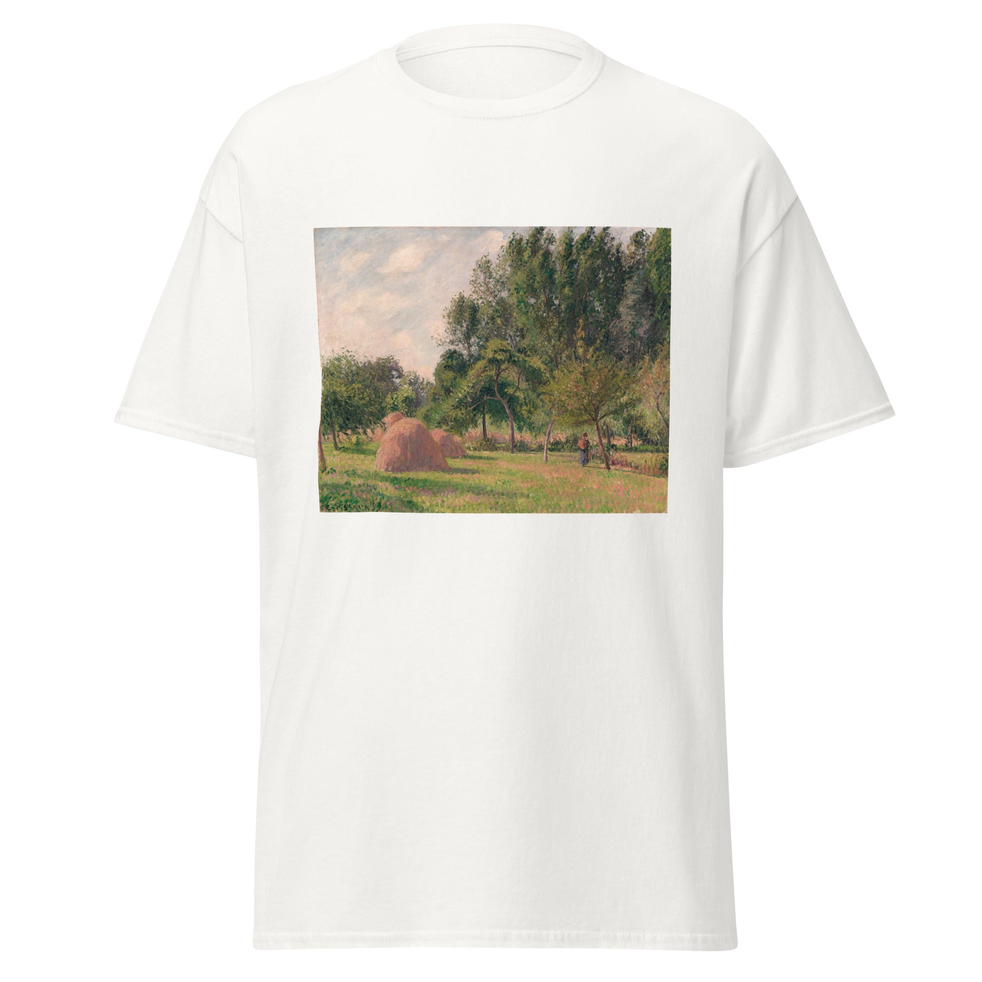 Unisex black t-shirt featuring Camille Pissarro painting "Haystacks" printed across the front