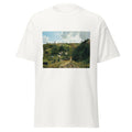 Unisex black t-shirt featuring Camille Pissarro painting "Jalais Hill" printed across the front