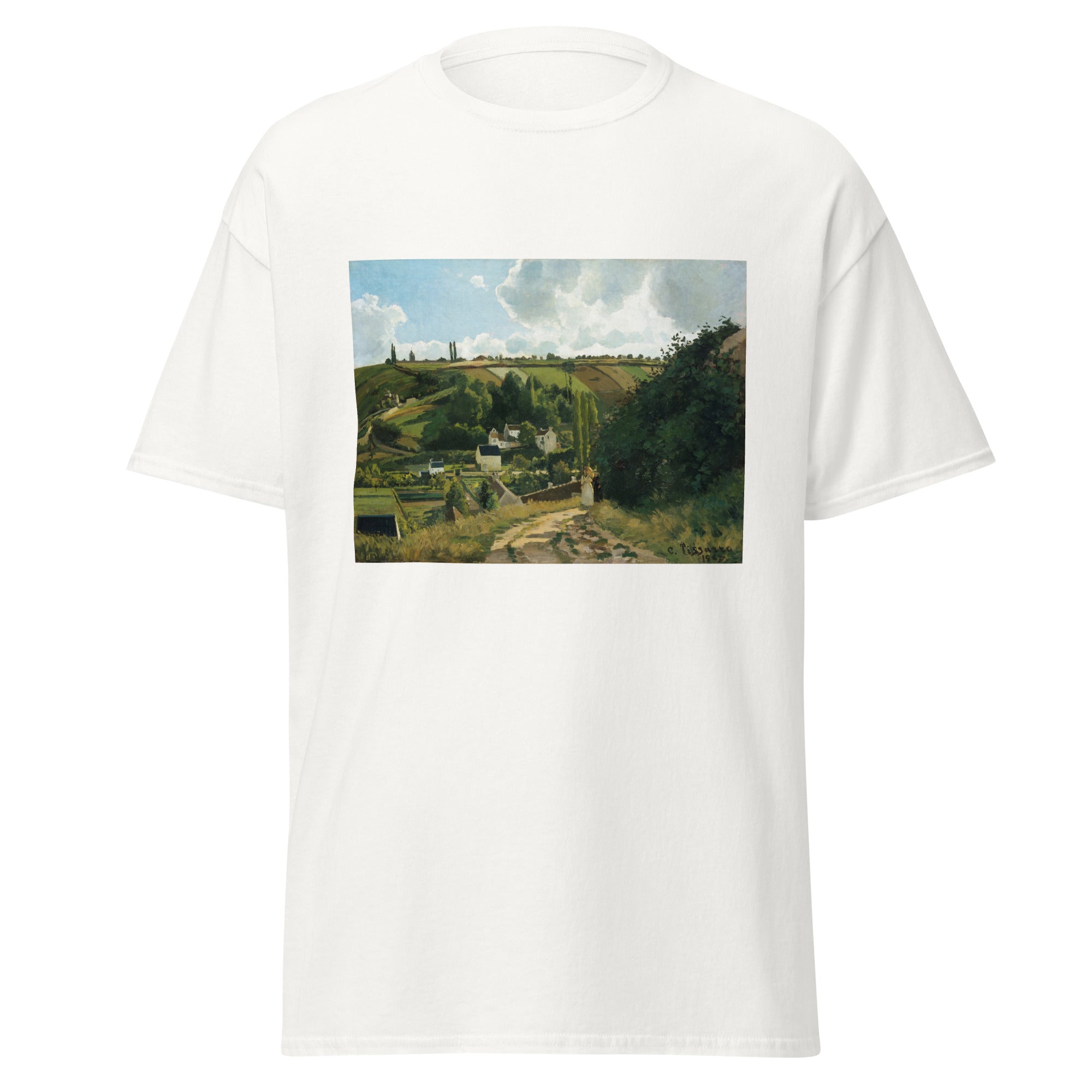 Unisex black t-shirt featuring Camille Pissarro painting "Jalais Hill" printed across the front