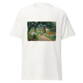 Unisex black t-shirt featuring Camille Pissarro painting "Jardin Deragny" printed across the front