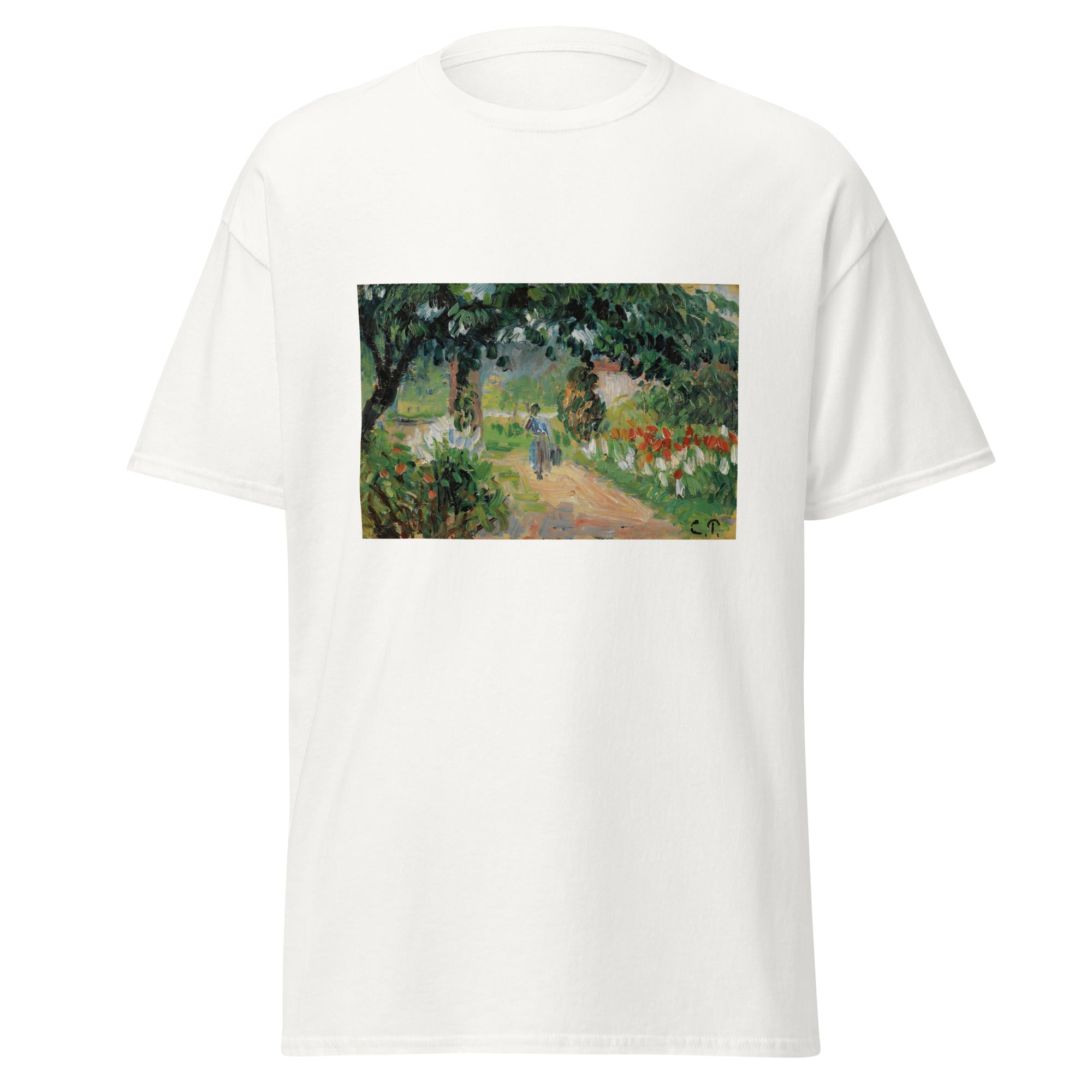 Unisex black t-shirt featuring Camille Pissarro painting "Jardin Deragny" printed across the front