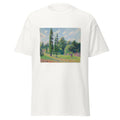 Unisex black t-shirt featuring Camille Pissarro painting "Kew Gardens" printed across the front