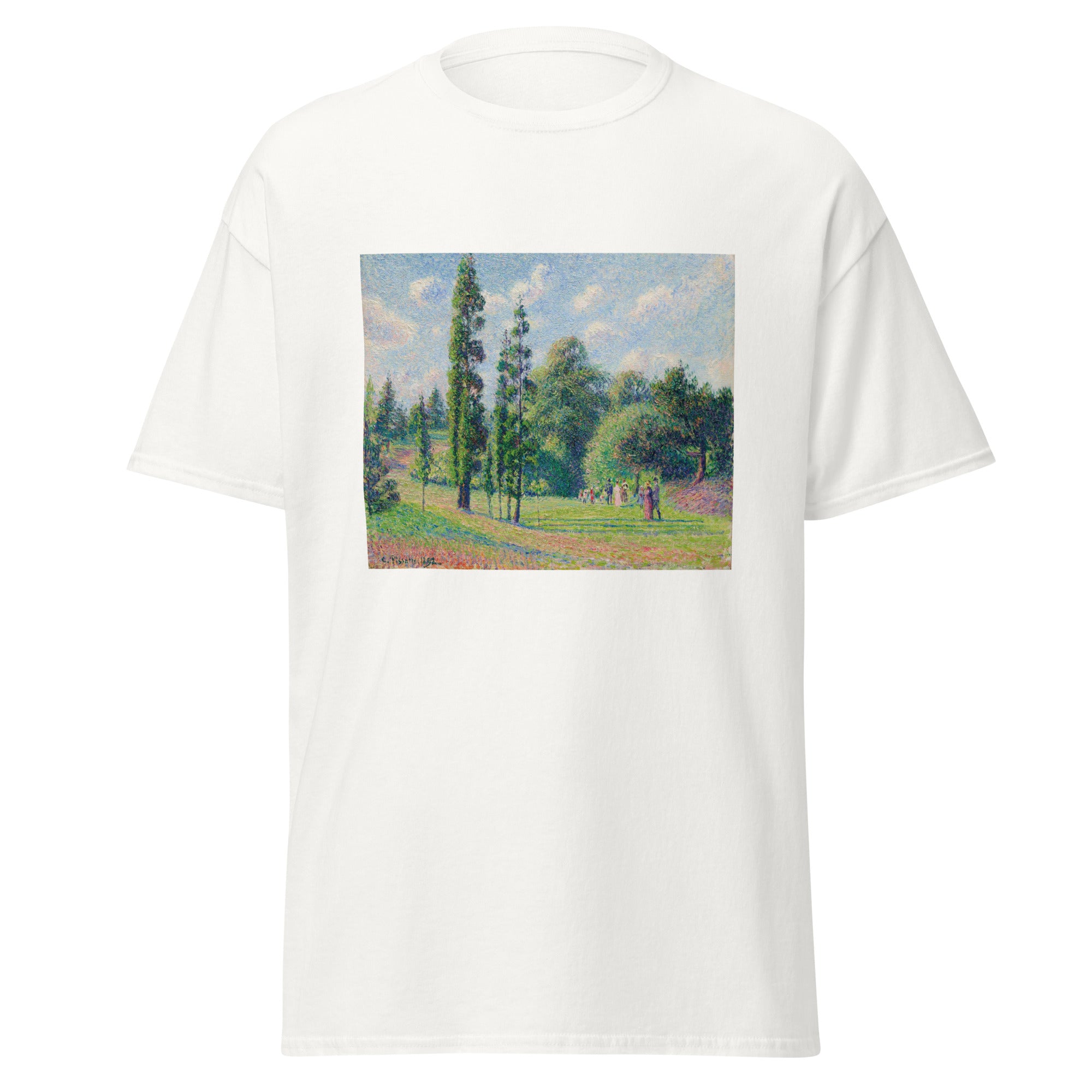 Unisex black t-shirt featuring Camille Pissarro painting "Kew Gardens" printed across the front