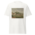Unisex black t-shirt featuring Camille Pissarro painting "Knocke" printed across the front