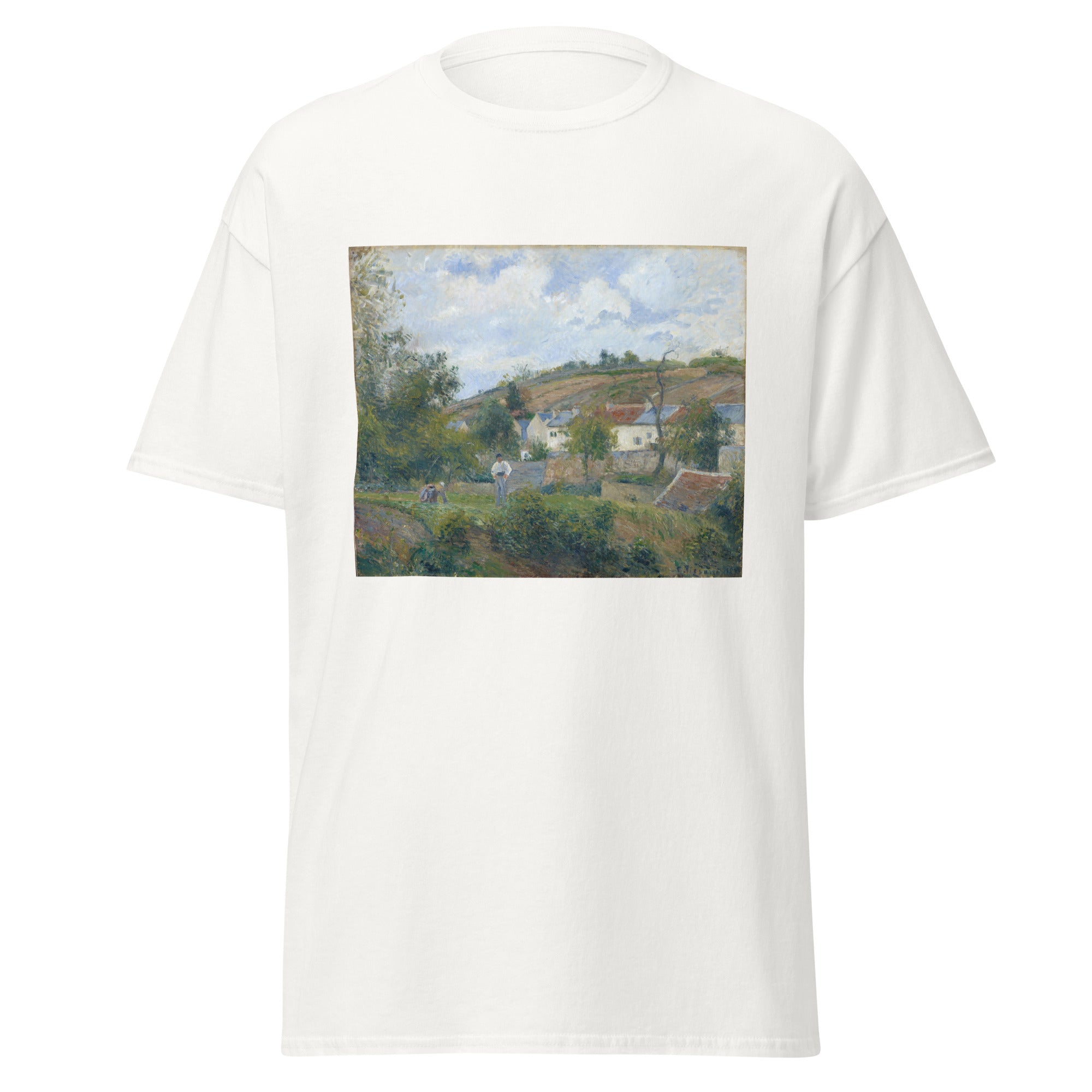 Unisex black t-shirt featuring Camille Pissarro painting "Lhermitage" printed across the front