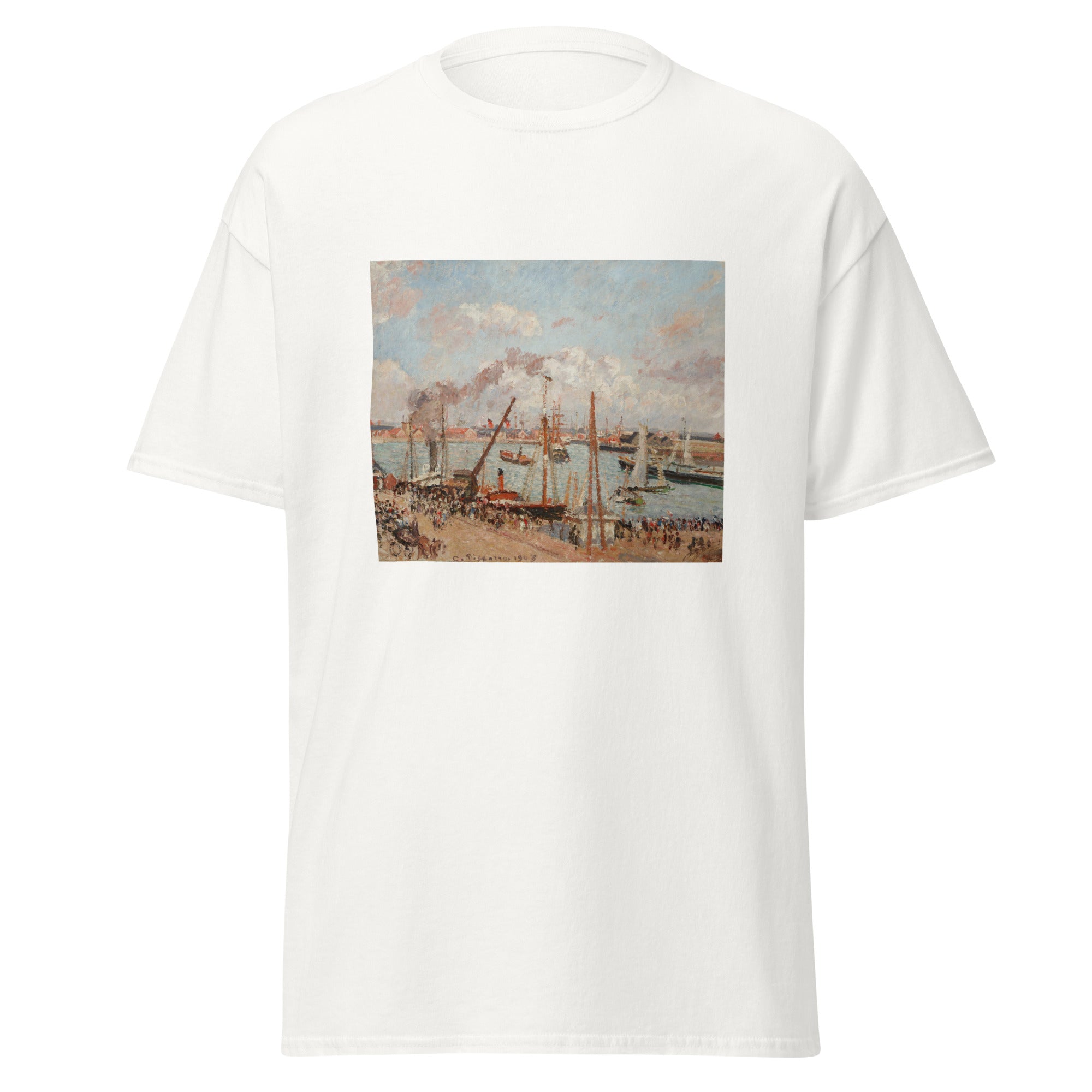 Unisex black t-shirt featuring Camille Pissarro painting "Le Havre" printed across the front