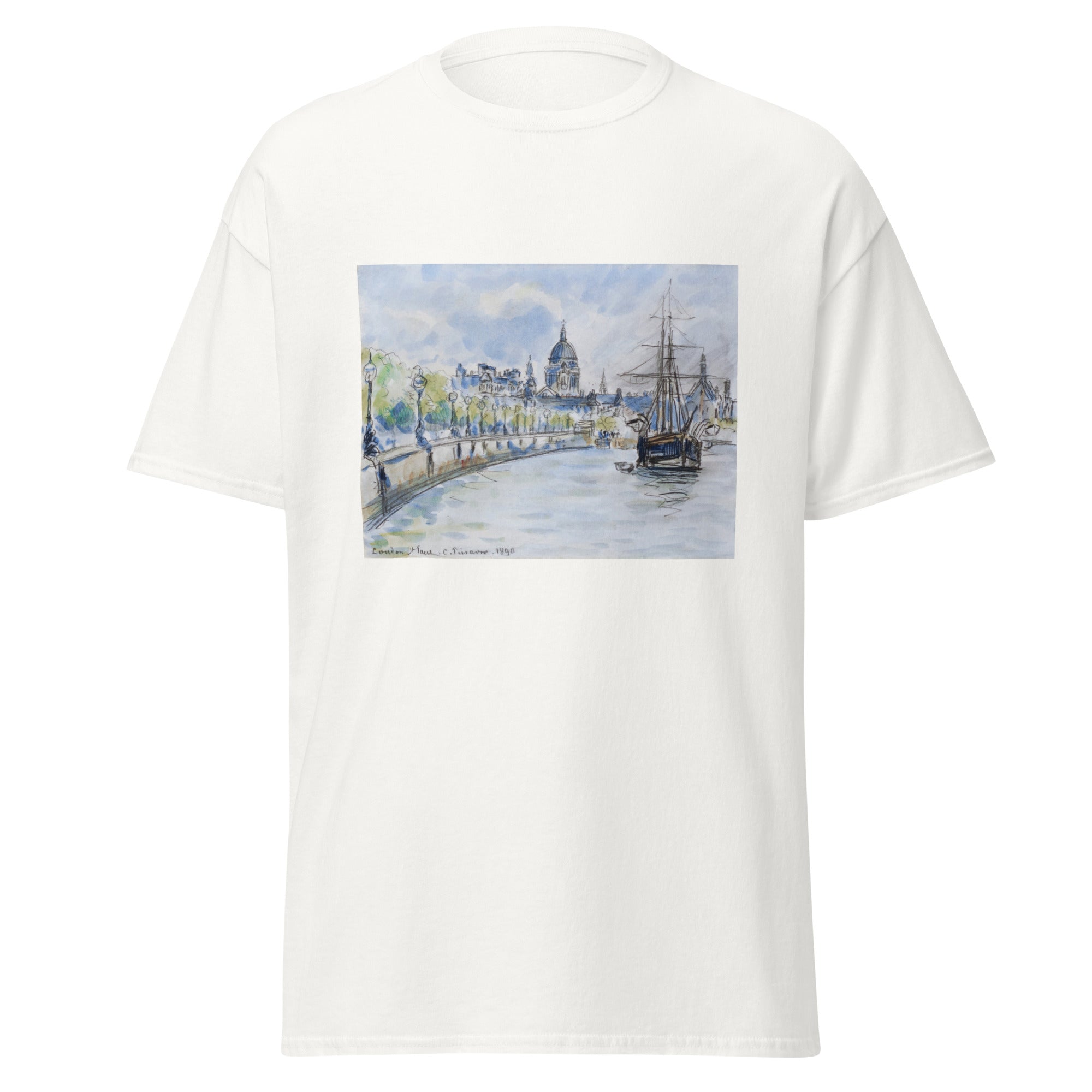 Unisex black t-shirt featuring Camille Pissarro painting "London St Pauls" printed across the front
