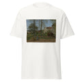 Unisex black t-shirt featuring Camille Pissarro painting "Louveciennes" printed across the front