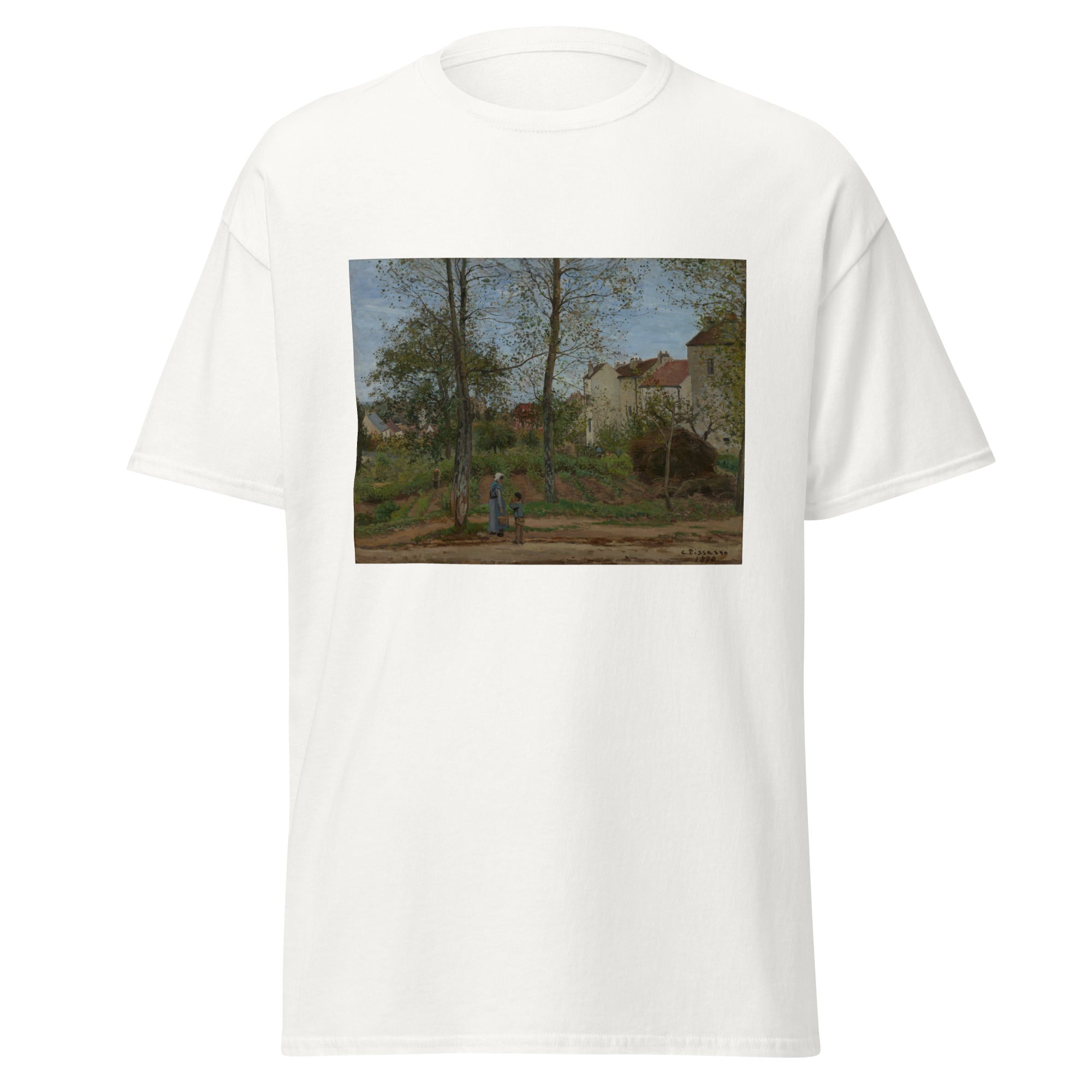 Unisex black t-shirt featuring Camille Pissarro painting "Louveciennes" printed across the front