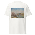 Unisex black t-shirt featuring Camille Pissarro painting "Louvre Morning Sunlight" printed across the front