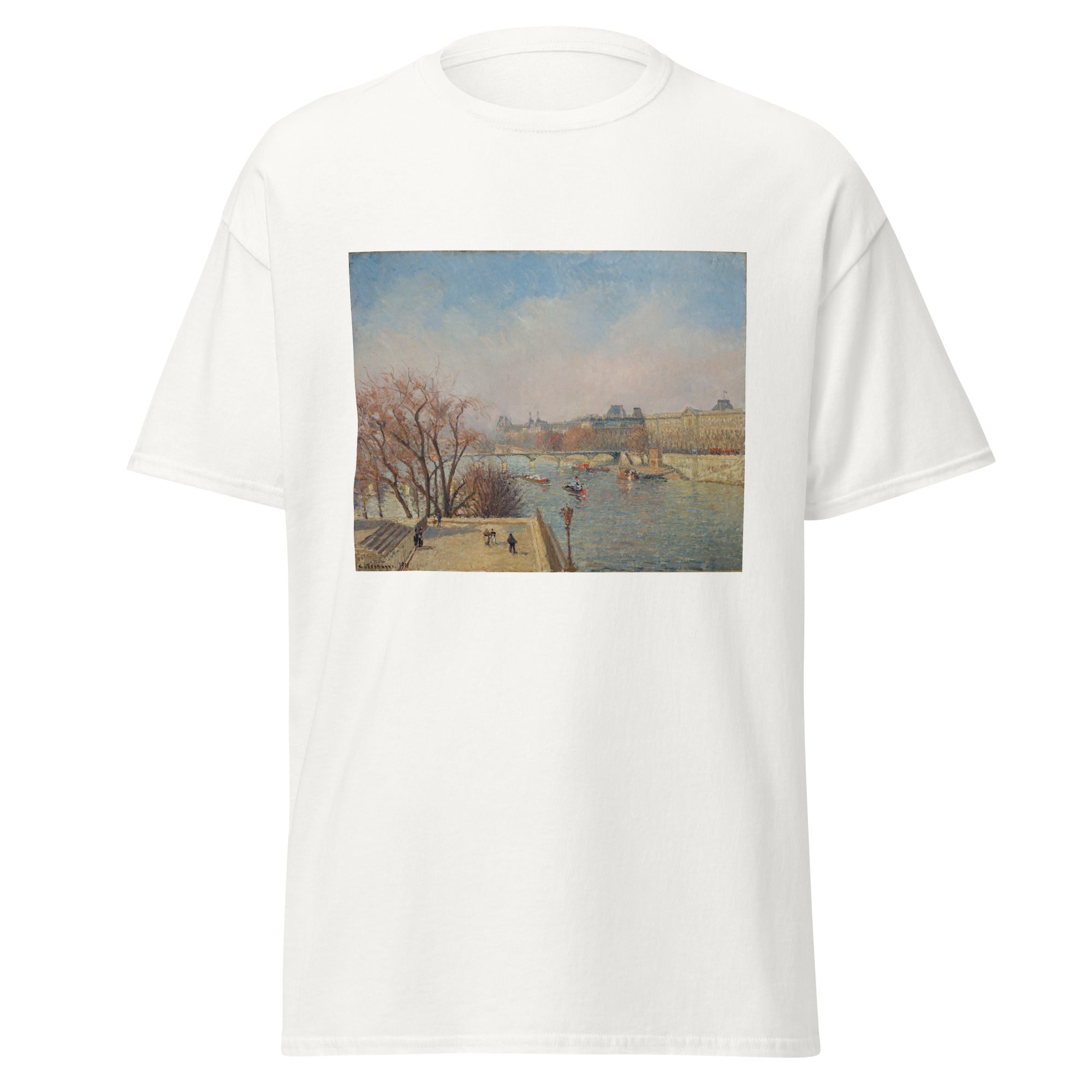 Unisex black t-shirt featuring Camille Pissarro painting "Louvre Morning Sunlight" printed across the front